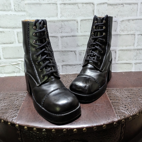 Frye Vintage Y2K Villager Boot Lace Up Zip Stitch 70's Chunky Heel Black Size 9 - Picture 9 of 15